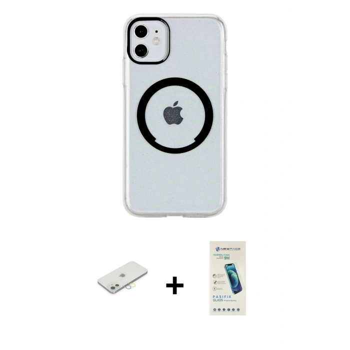 MARSİLYAN™- iPhone 11 Kılıf Pusula Form - Şeffaf Pasifik Cam Ekran Koruyucu + Renkli Kamera Lens Koruma Cam - SI