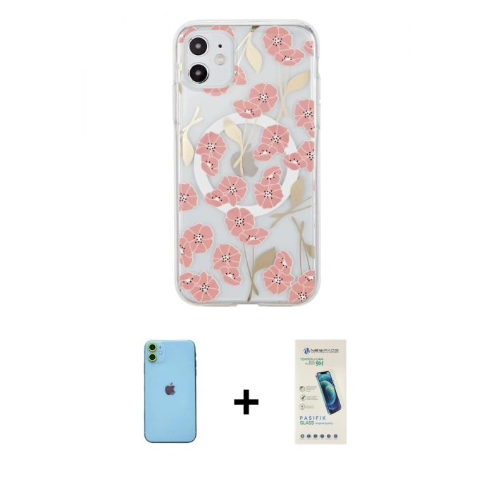MARSİLYAN™- iPhone 11 Kılıf Pusula Form - Şeffaf Pasifik Cam Ekran Koruyucu + Neon Fosforlu Kamera Lens - YL