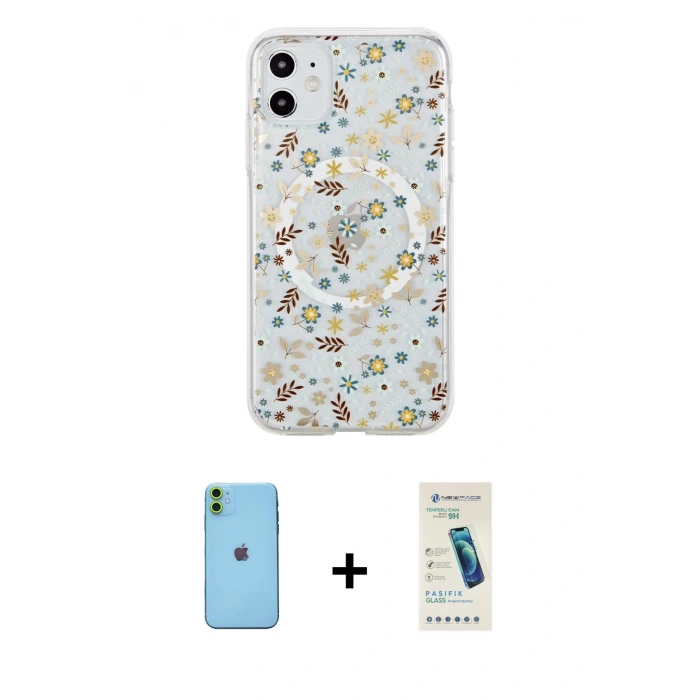 MARSİLYAN™- iPhone 11 Kılıf Pusula Form - Şeffaf Pasifik Cam Ekran Koruyucu + Neon Fosforlu Kamera Lens - YL