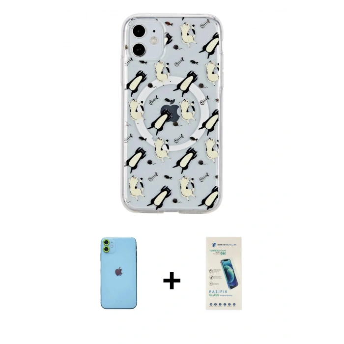 MARSİLYAN™- iPhone 11 Kılıf Pusula Form - Şeffaf Pasifik Cam Ekran Koruyucu + Neon Fosforlu Kamera Lens - YL
