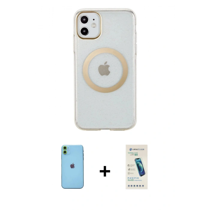 MARSİLYAN™- iPhone 11 Kılıf Pusula Form - Şeffaf Pasifik Cam Ekran Koruyucu + Neon Fosforlu Kamera Lens - YL