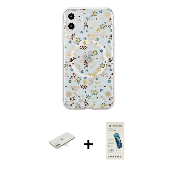 MARSİLYAN™- iPhone 11 Kılıf Pusula Form - Şeffaf Pasifik Cam Ekran Koruyucu + Renkli Kamera Lens Koruma Cam - YL