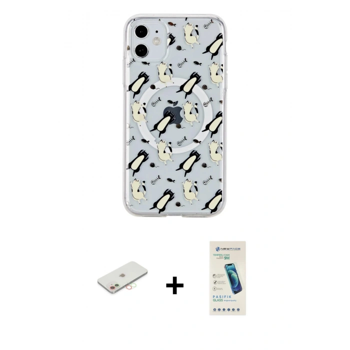 MARSİLYAN™- iPhone 11 Kılıf Pusula Form - Şeffaf Pasifik Cam Ekran Koruyucu + Renkli Kamera Lens Koruma Cam - YL