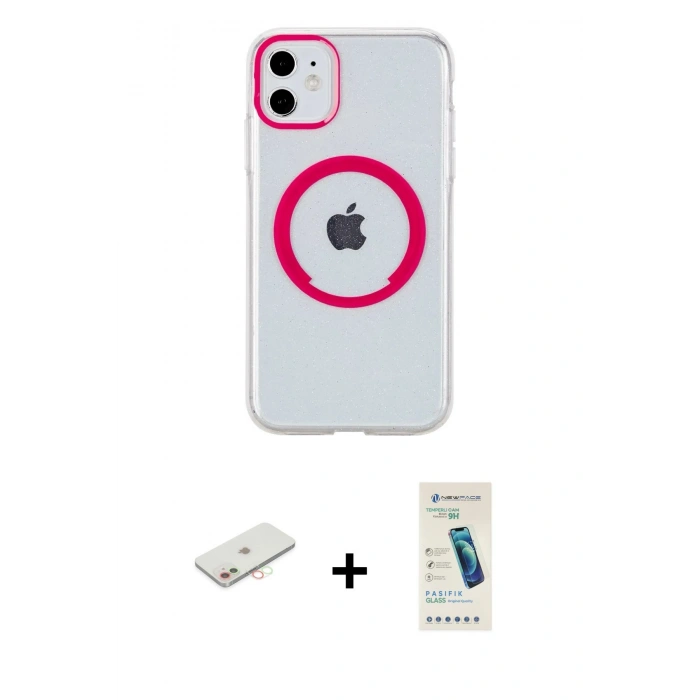 MARSİLYAN™- iPhone 11 Kılıf Pusula Form - Şeffaf Pasifik Cam Ekran Koruyucu + Renkli Kamera Lens Koruma Cam - YL