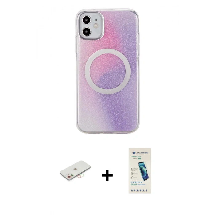 MARSİLYAN™- iPhone 11 Kılıf Pusula Form - Şeffaf Pasifik Cam Ekran Koruyucu + Renkli Kamera Lens Koruma Cam - YL