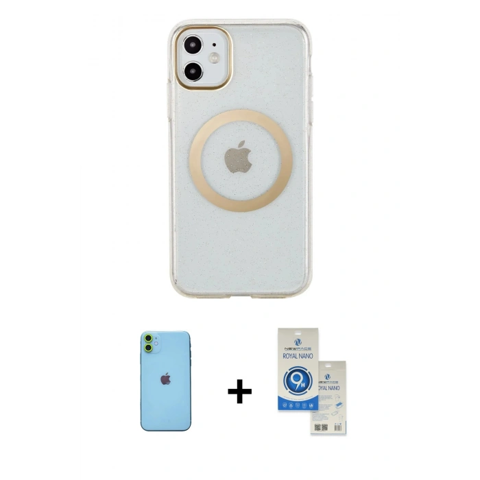 MARSİLYAN™- iPhone 11 Kılıf Pusula Form - Şeffaf Royal Nano Ekran Koruyucu + Neon Fosforlu Kamera Lens - YL