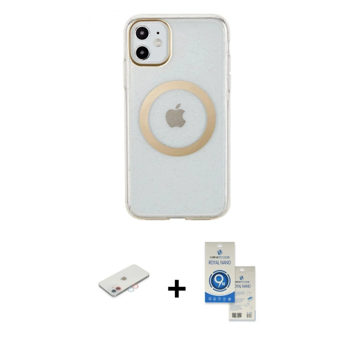 MARSİLYAN™- iPhone 11 Kılıf Pusula Form - Şeffaf Royal Nano Ekran Koruyucu + Renkli Kamera Lens Koruma Cam - PE