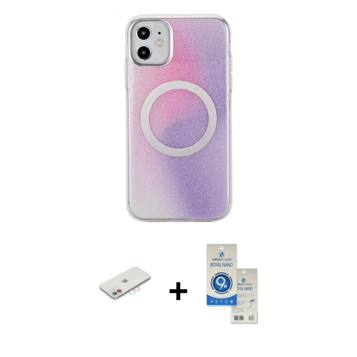 MARSİLYAN™- iPhone 11 Kılıf Pusula Form - Şeffaf Royal Nano Ekran Koruyucu + Renkli Kamera Lens Koruma Cam - PE