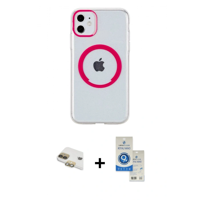 MARSİLYAN™- iPhone 11 Kılıf Pusula Form - Şeffaf Royal Nano Ekran Koruyucu + Pers Alüminyum Kamera Lens - GD