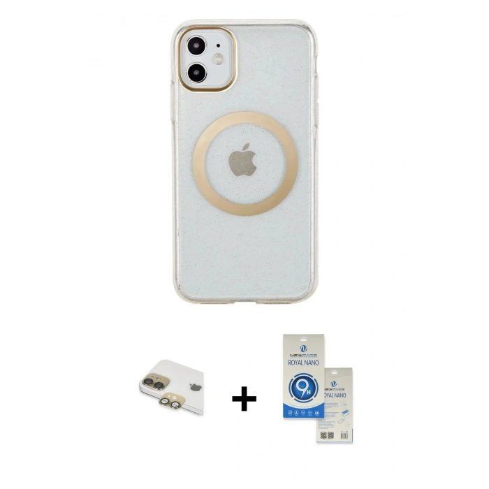 MARSİLYAN™- iPhone 11 Kılıf Pusula Form - Şeffaf Royal Nano Ekran Koruyucu + Pers Alüminyum Kamera Lens - GD