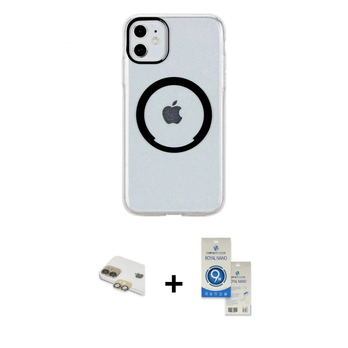MARSİLYAN™- iPhone 11 Kılıf Pusula Form - Şeffaf Royal Nano Ekran Koruyucu + Pers Alüminyum Kamera Lens - GD