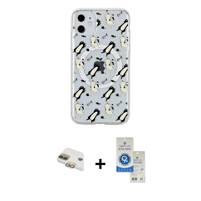 MARSİLYAN™- iPhone 11 Kılıf Pusula Form - Şeffaf Royal Nano Ekran Koruyucu + Pers Alüminyum Kamera Lens - GD