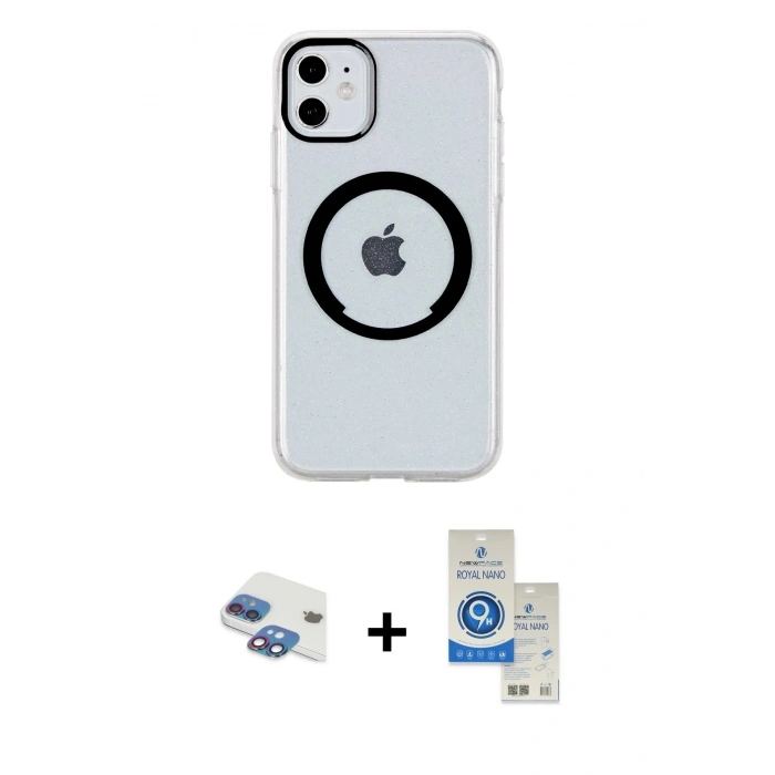 MARSİLYAN™- iPhone 11 Kılıf Pusula Form - Şeffaf Royal Nano Ekran Koruyucu + Pers Alüminyum Kamera Lens - GI