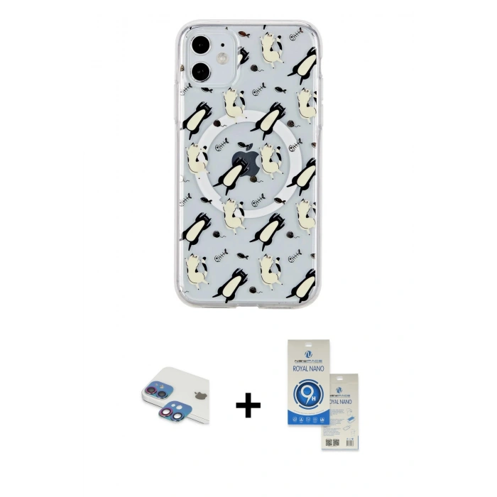 MARSİLYAN™- iPhone 11 Kılıf Pusula Form - Şeffaf Royal Nano Ekran Koruyucu + Pers Alüminyum Kamera Lens - GI