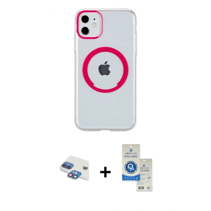 MARSİLYAN™- iPhone 11 Kılıf Pusula Form - Şeffaf Royal Nano Ekran Koruyucu + Pers Alüminyum Kamera Lens - GI