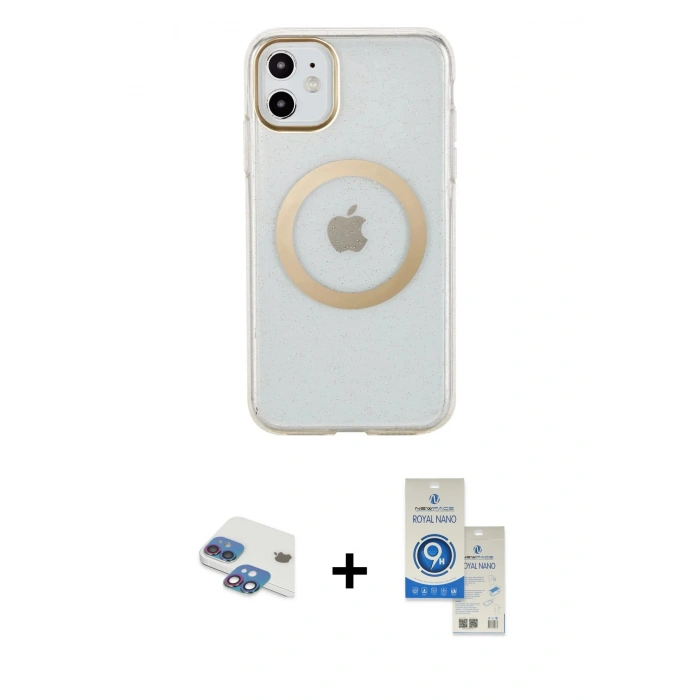 MARSİLYAN™- iPhone 11 Kılıf Pusula Form - Şeffaf Royal Nano Ekran Koruyucu + Pers Alüminyum Kamera Lens - GI