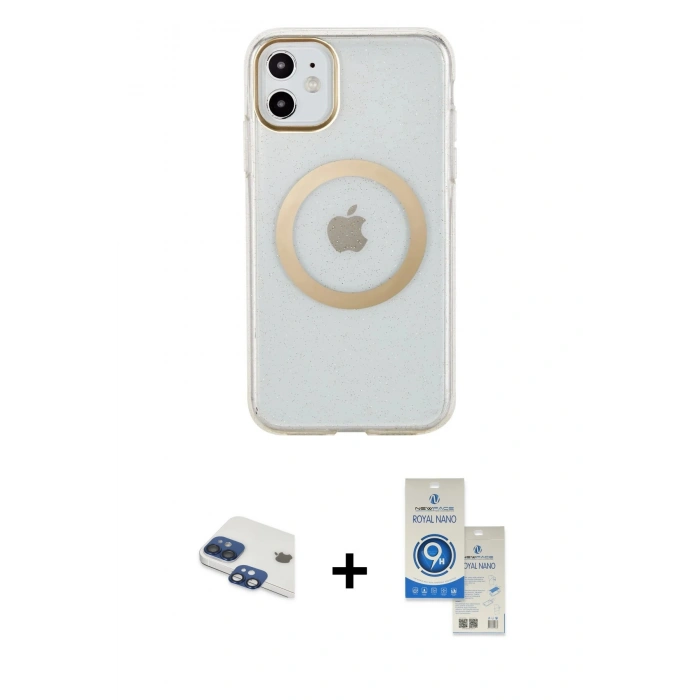 MARSİLYAN™- iPhone 11 Kılıf Pusula Form - Şeffaf Royal Nano Ekran Koruyucu + Pers Alüminyum Kamera Lens - LT