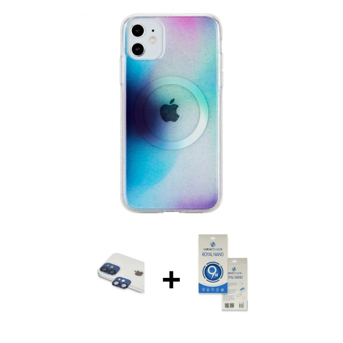 MARSİLYAN™- iPhone 11 Kılıf Pusula Form - Şeffaf Royal Nano Ekran Koruyucu + Pers Alüminyum Kamera Lens - LT