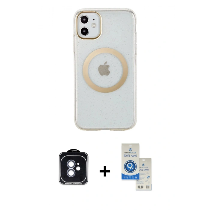 MARSİLYAN™- iPhone 11 Kılıf Pusula Form - Şeffaf Royal Nano Ekran Koruyucu + PVD Metal Kamera Lens - MI
