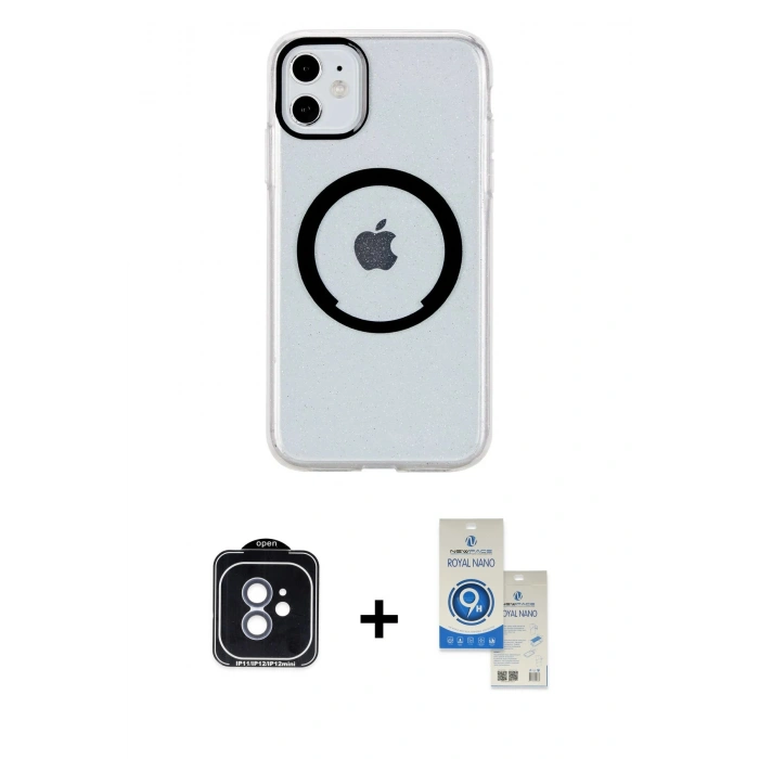 MARSİLYAN™- iPhone 11 Kılıf Pusula Form - Şeffaf Royal Nano Ekran Koruyucu + PVD Metal Kamera Lens - MI