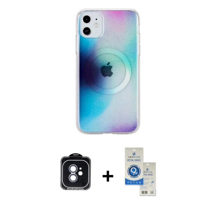 MARSİLYAN™- iPhone 11 Kılıf Pusula Form - Şeffaf Royal Nano Ekran Koruyucu + PVD Metal Kamera Lens - MI