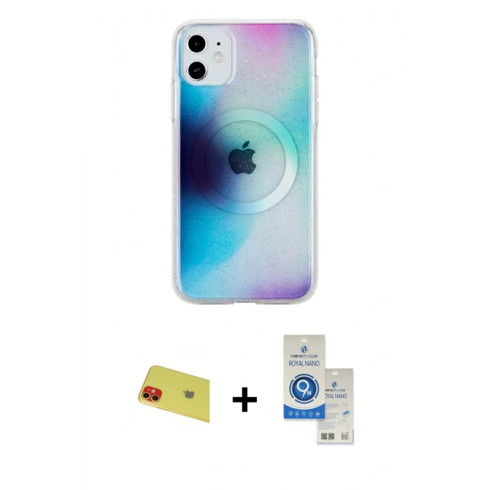 MARSİLYAN™- iPhone 11 Kılıf Pusula Form - Şeffaf Royal Nano Ekran Koruyucu + Rainbow Kamera Lens Koruma Cam - KI