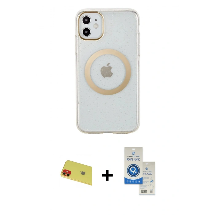 MARSİLYAN™- iPhone 11 Kılıf Pusula Form - Şeffaf Royal Nano Ekran Koruyucu + Rainbow Kamera Lens Koruma Cam - KI