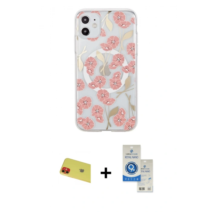 MARSİLYAN™- iPhone 11 Kılıf Pusula Form - Şeffaf Royal Nano Ekran Koruyucu + Rainbow Kamera Lens Koruma Cam - KI