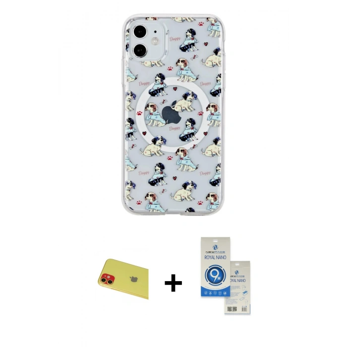 MARSİLYAN™- iPhone 11 Kılıf Pusula Form - Şeffaf Royal Nano Ekran Koruyucu + Rainbow Kamera Lens Koruma Cam - KI