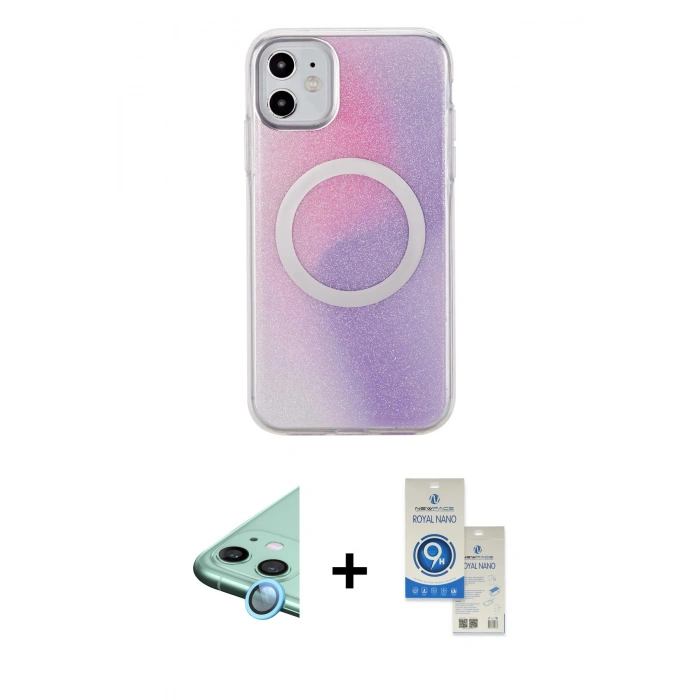 MARSİLYAN™- iPhone 11 Kılıf Pusula Form - Şeffaf Royal Nano Ekran Koruyucu + Raze Metal Kamera Lens - MI