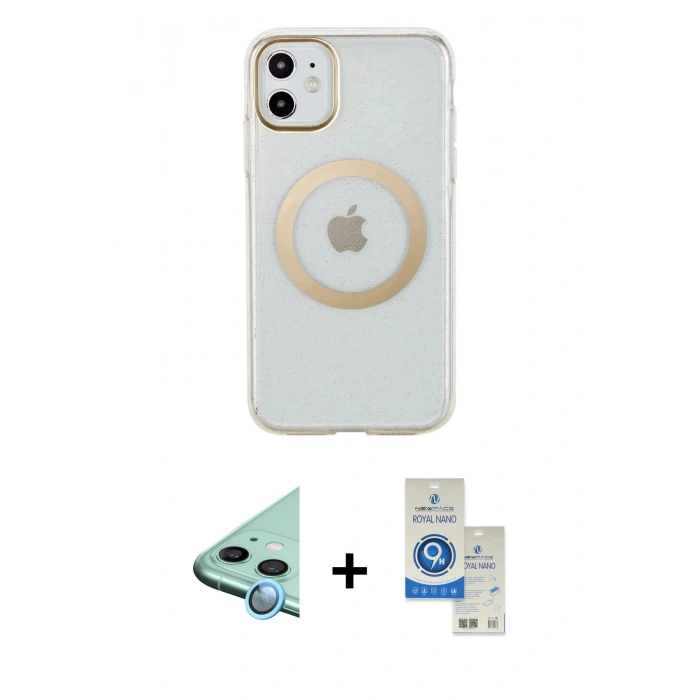 MARSİLYAN™- iPhone 11 Kılıf Pusula Form - Şeffaf Royal Nano Ekran Koruyucu + Raze Metal Kamera Lens - MI