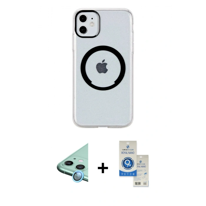 MARSİLYAN™- iPhone 11 Kılıf Pusula Form - Şeffaf Royal Nano Ekran Koruyucu + Raze Metal Kamera Lens - MI