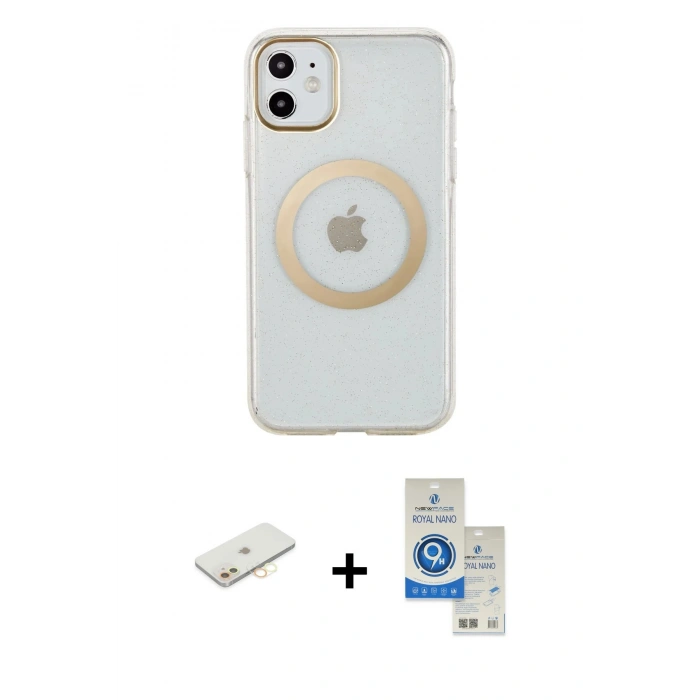 MARSİLYAN™- iPhone 11 Kılıf Pusula Form - Şeffaf Royal Nano Ekran Koruyucu + Renkli Kamera Lens Koruma Cam - SI