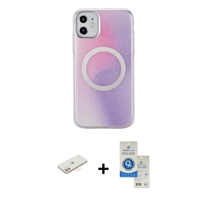 MARSİLYAN™- iPhone 11 Kılıf Pusula Form - Şeffaf Royal Nano Ekran Koruyucu + Renkli Kamera Lens Koruma Cam - SI