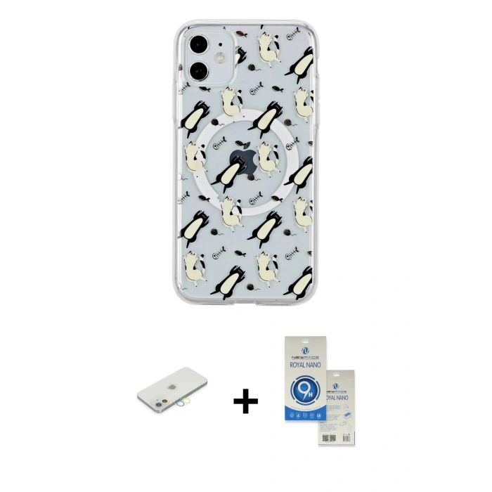 MARSİLYAN™- iPhone 11 Kılıf Pusula Form - Şeffaf Royal Nano Ekran Koruyucu + Sarı Renkli Kamera Lens Koruma Cam