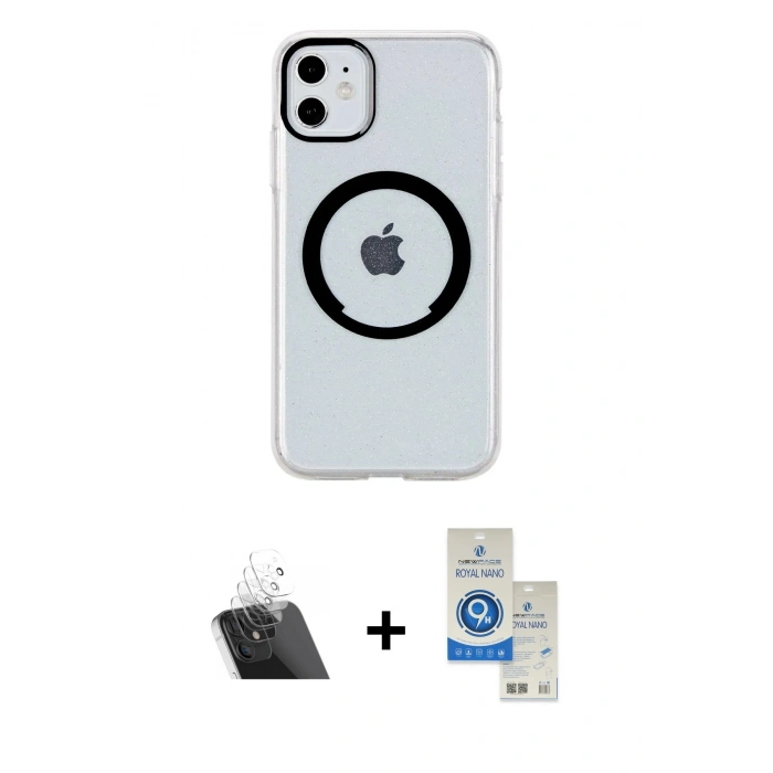 MARSİLYAN™- iPhone 11 Kılıf Pusula Form - Şeffaf Royal Nano Ekran Koruyucu + Şeffaf Kamera Lens Koruma Cam