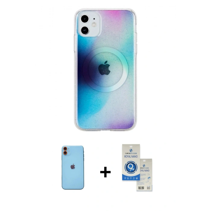 MARSİLYAN™- iPhone 11 Kılıf Pusula Form - Şeffaf Royal Nano Ekran Koruyucu + Neon Fosforlu Kamera Lens - TU