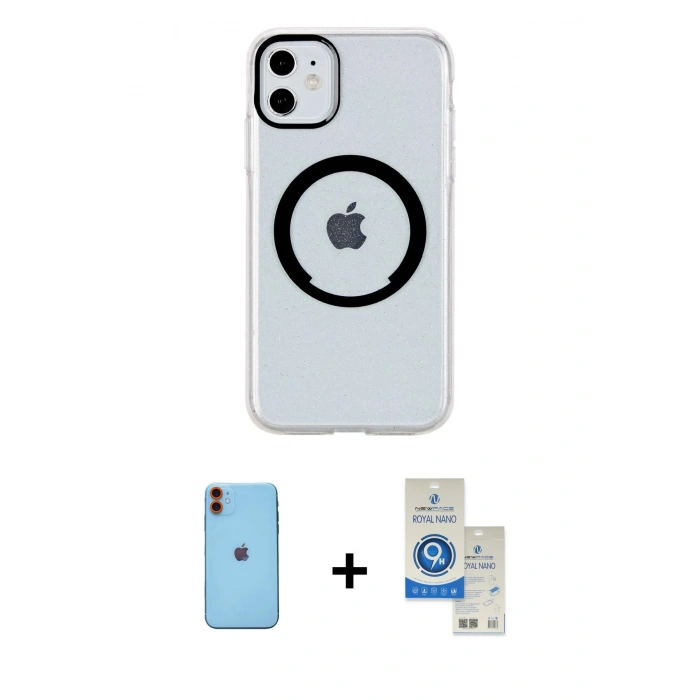 MARSİLYAN™- iPhone 11 Kılıf Pusula Form - Şeffaf Royal Nano Ekran Koruyucu + Neon Fosforlu Kamera Lens - TU