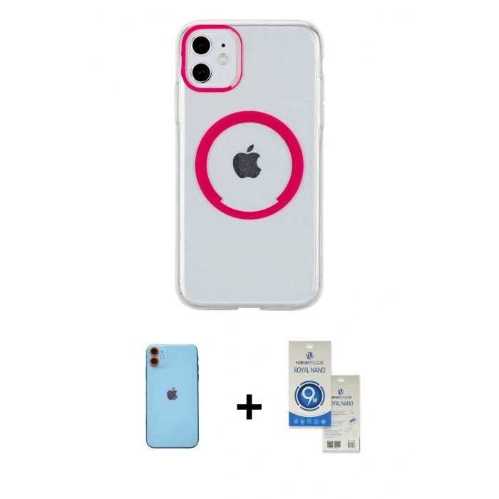 MARSİLYAN™- iPhone 11 Kılıf Pusula Form - Şeffaf Royal Nano Ekran Koruyucu + Neon Fosforlu Kamera Lens - TU