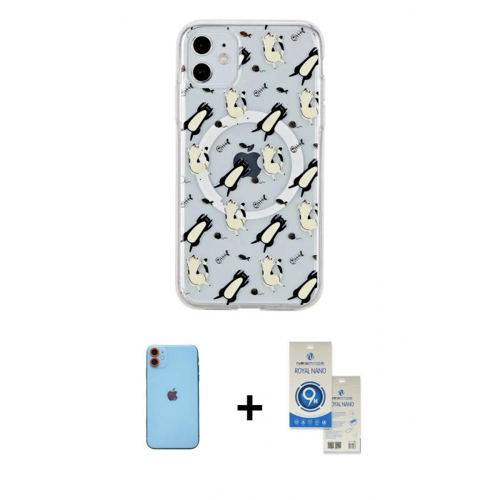 MARSİLYAN™- iPhone 11 Kılıf Pusula Form - Şeffaf Royal Nano Ekran Koruyucu + Neon Fosforlu Kamera Lens - TU