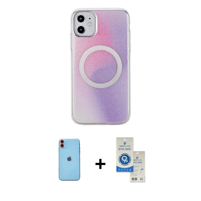 MARSİLYAN™- iPhone 11 Kılıf Pusula Form - Şeffaf Royal Nano Ekran Koruyucu + Neon Fosforlu Kamera Lens - TU