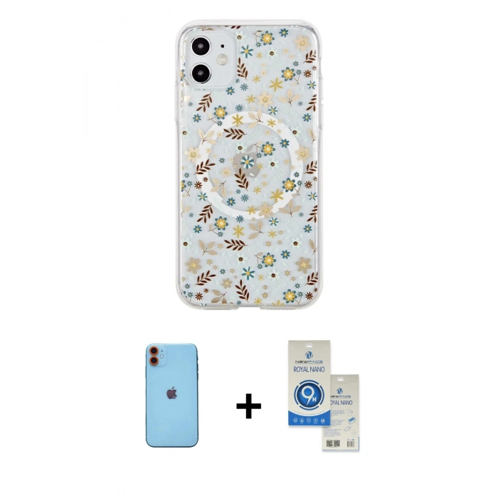 MARSİLYAN™- iPhone 11 Kılıf Pusula Form - Şeffaf Royal Nano Ekran Koruyucu + Neon Fosforlu Kamera Lens - TU