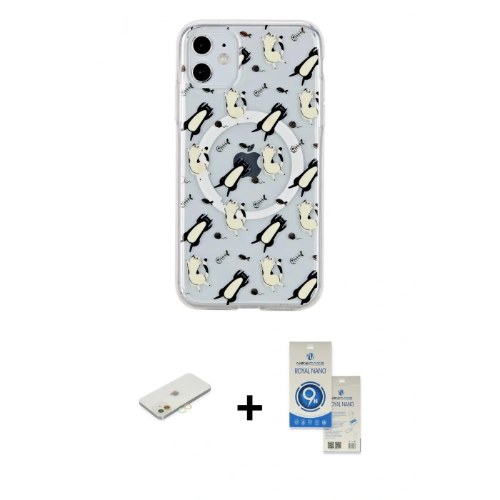 MARSİLYAN™- iPhone 11 Kılıf Pusula Form - Şeffaf Royal Nano Ekran Koruyucu + Renkli Kamera Lens Koruma Cam - TU