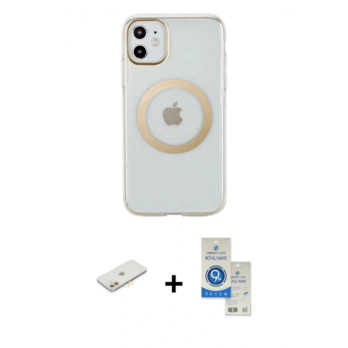 MARSİLYAN™- iPhone 11 Kılıf Pusula Form - Şeffaf Royal Nano Ekran Koruyucu + Renkli Kamera Lens Koruma Cam - TU