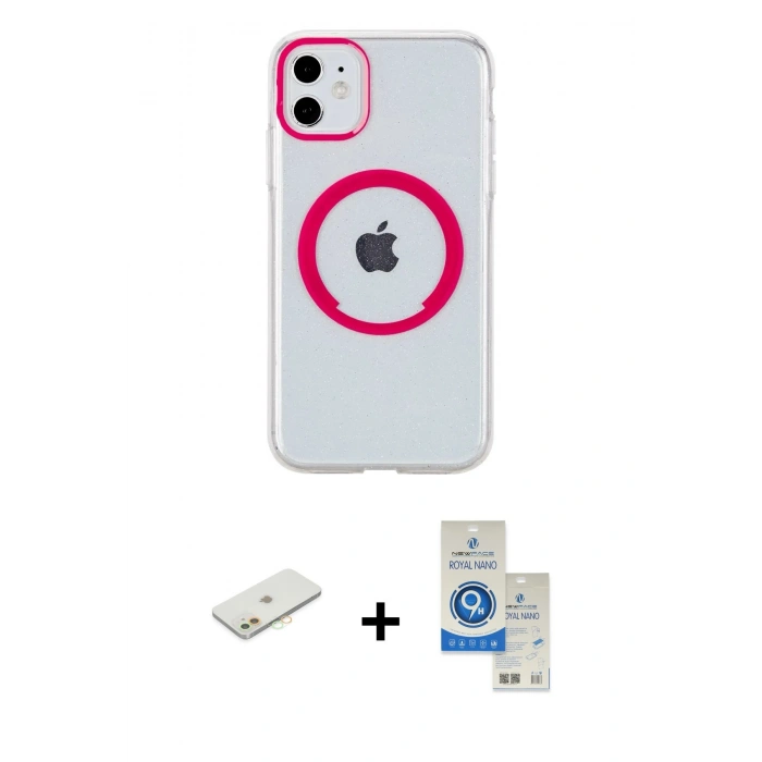 MARSİLYAN™- iPhone 11 Kılıf Pusula Form - Şeffaf Royal Nano Ekran Koruyucu + Renkli Kamera Lens Koruma Cam - TU