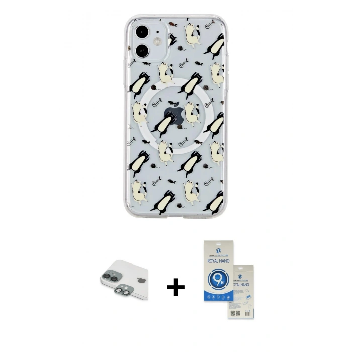 MARSİLYAN™- iPhone 11 Kılıf Pusula Form - Şeffaf Royal Nano Ekran Koruyucu + Pers Alüminyum Kamera Lens - YL