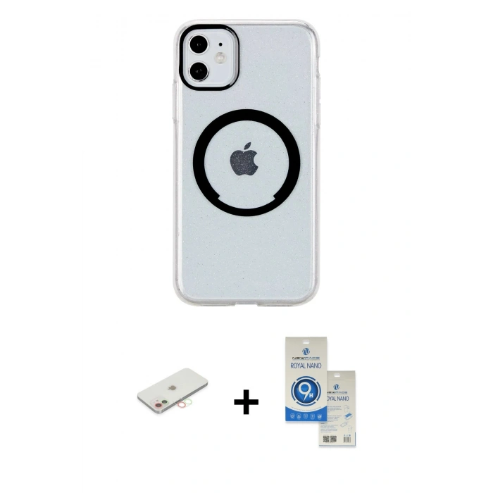 MARSİLYAN™- iPhone 11 Kılıf Pusula Form - Şeffaf Royal Nano Ekran Koruyucu + Renkli Kamera Lens Koruma Cam - YL