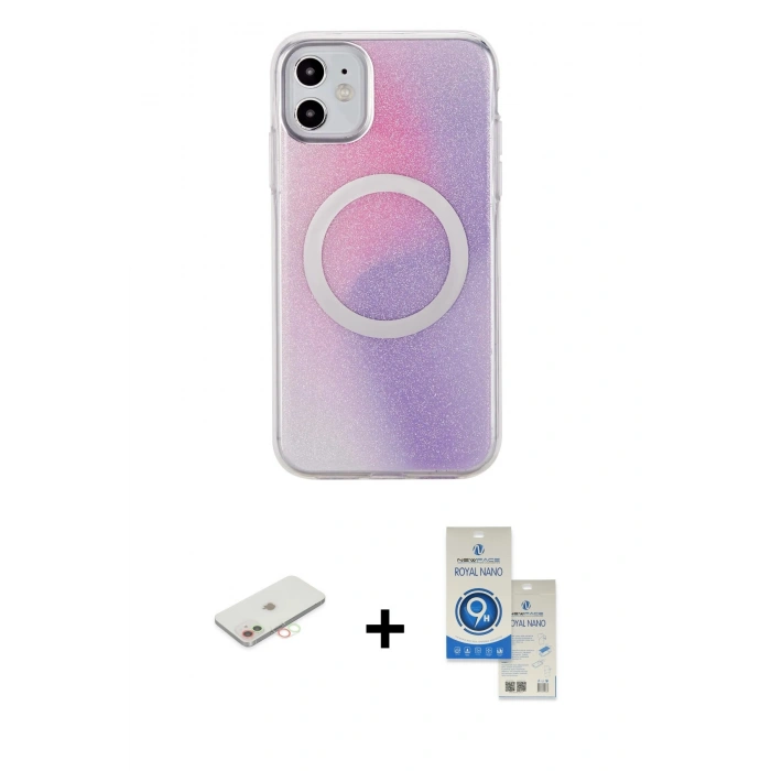 MARSİLYAN™- iPhone 11 Kılıf Pusula Form - Şeffaf Royal Nano Ekran Koruyucu + Renkli Kamera Lens Koruma Cam - YL