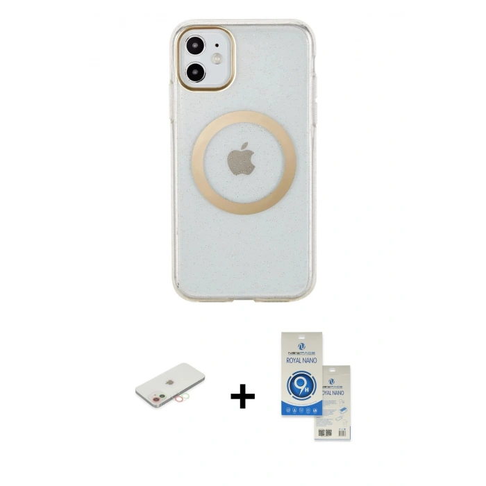 MARSİLYAN™- iPhone 11 Kılıf Pusula Form - Şeffaf Royal Nano Ekran Koruyucu + Renkli Kamera Lens Koruma Cam - YL