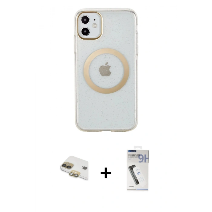 MARSİLYAN™- iPhone 11 Kılıf Pusula Form - Şeffaf Uv Polymer Nano Ekran Koruyucu + Pers Alüminyum Kamera Lens - GD